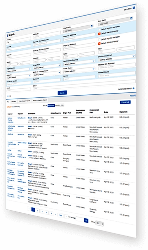 Trade data search interface and shipment details dashboard
